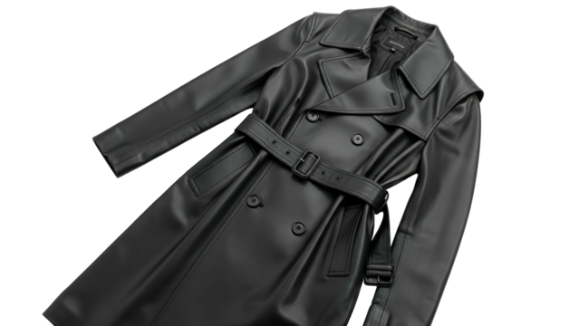 Black faux leather trench coat is displayed diagonally against a stark black background