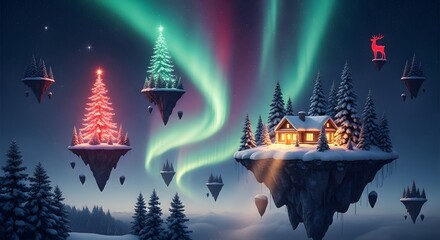 A magical Christmas landscape with floating islands, glowing trees, and a cozy cabin under the aurora borealis.