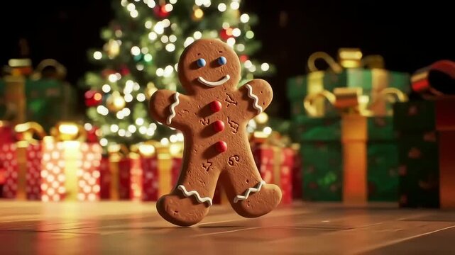 merry christmas of a jovial gingerbread man cookie dancing happily in front of a brightly lit Christmas tree and neatly wrapped presents.