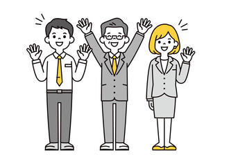 笑顔で歓迎する・喜ぶ、若い男女の社員と年配の社長の全身ベクターイラスト素材セット