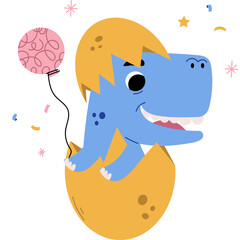 Cute blue cartoon dinosaur hatching from a golden egg with a pink balloon and confetti celebrating new life and joy