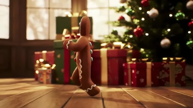 merry christmas of a gingerbread man cookie happily walking or dancing in profile view against a festive backdrop of a decorated Christmas tree and gifts.