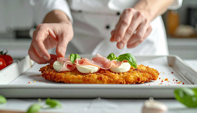Hands Preparing Napolitana Schnitzel