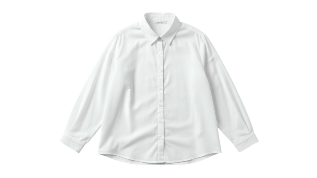 Crisp white long sleeve collared garment displayed against a solid dark background