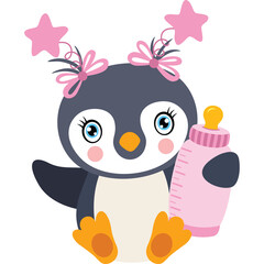 Cute Baby Penguin Wearing Pink Bows and Holding a Pink Baby Bottle with a Transparent Background