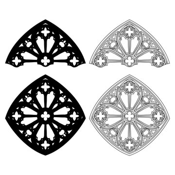 Gothic cathedral window designs, featuring ornate tracery and symmetrical floral patterns. The artwork showcases both solid and outlined versions.