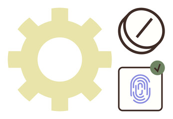 Gear element, fingerprint with a green checkmark, and prohibition icon representing authentication, security, operations, privacy, technology, permissions and efficiency. Ideal for concepts thumbs
