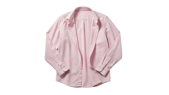 Pink long sleeve collared garment lies unfolded against a solid dark background