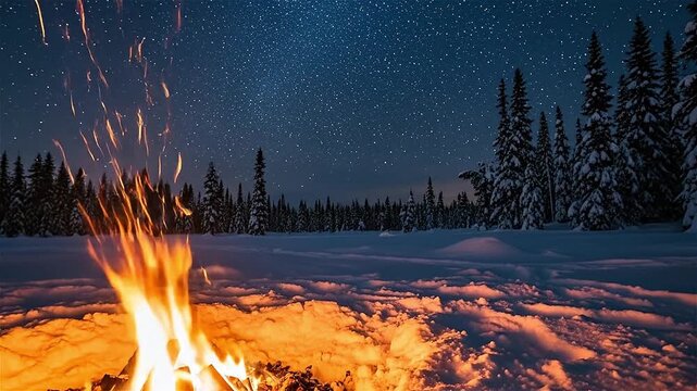 Campfire burning brightly in a snowy landscape under a starry night sky with tall evergreen trees visible in crisp cinematic 4K UHD