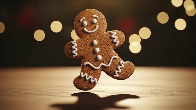 merry christmas of a playful gingerbread man cookie in a dynamic pose, casting a shadow on a wooden surface with soft, out-of-focus festive lights.
