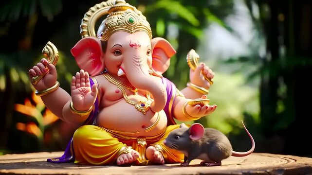 Cartoon Ganesha with rat with Hindu deity.