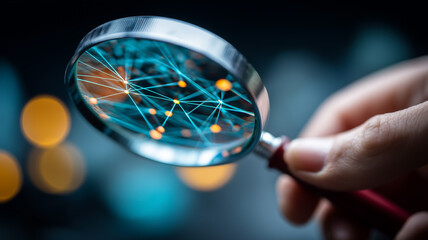 A magnifying glass focused on a connected network, indicating analytical clarity for evidence based decisions and discovery of meaningful relationships.
