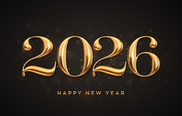 Golden 3D numbers 2026 on black background. Happy New Year 2026. Realistic festive metallic luxury gold numbers. Happy New Year poster, party invitation. Merry Christmas card. Vector illustration.