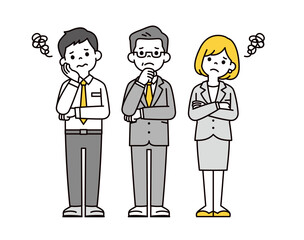 腕を組んで考える、いろいろな年代の男女のビジネスチームの全身ベクターイラスト素材セット