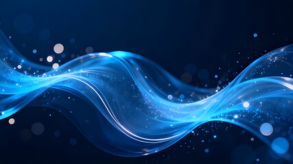 An abstract, futuristic background featuring a sweeping, translucent wave of bright blue light flowing horizontally across a deep, dark blue field.
