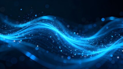 An abstract, futuristic background featuring a sweeping, translucent wave of bright blue light flowing horizontally across a deep, dark blue field.