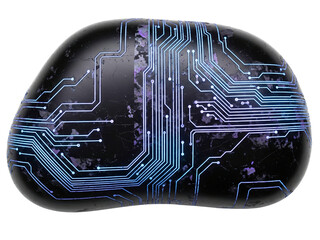 Ancient stone with glowing futuristic circuit board pattern on a transparent background
