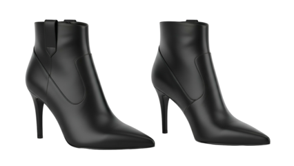 Two sleek black leather ankle boots with high heels displayed against a dark background