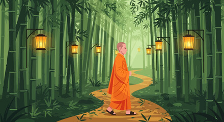 Spiritual journey: A monk's serene walk in a tranquil bamboo forest with lanterns