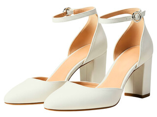 Pair of elegant white block heel shoes with ankle straps on a transparent background