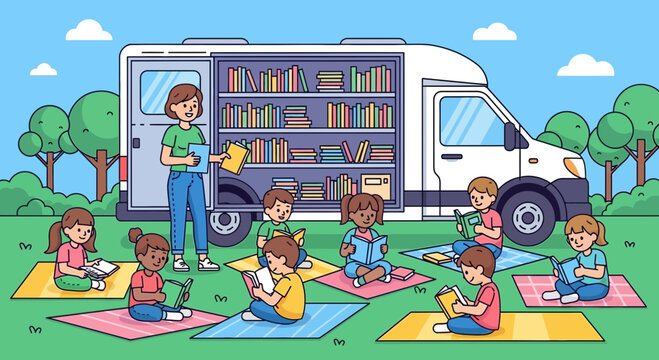 Cartoon library van outreach with diverse children engaged in outdoor reading - Powered by Adobe