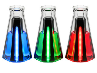 Three science beakers with glowing red, green, and blue liquids on a transparent background