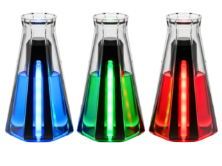 Three science beakers with glowing red, green, and blue liquids on a transparent background