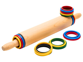Wooden rolling pin with adjustable rings for baking dough on a transparent background