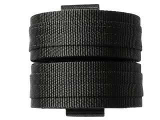 Coiled black nylon webbing strap for tactical equipment on a transparent background