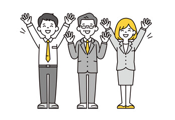 大喜びで万歳する、経営者と従業員の男性と女性のシンプルな全身ベクターイラスト素材セット