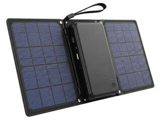 Portable solar panel power bank for charging mobile devices on a transparent background