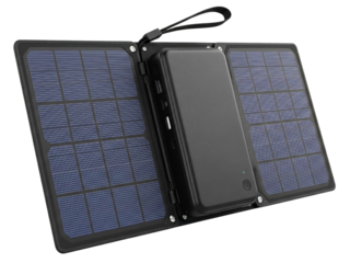 Portable solar panel power bank for charging mobile devices on a transparent background