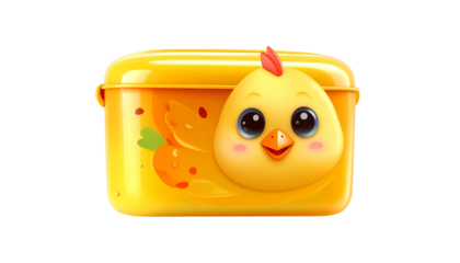 lunch box decorated with a cute chick face, vibrant colors and smooth texture, isolated on a white background, PNG format.
