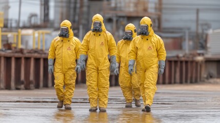 Team of workers in protective yellow suits walking on industrial site, focusing on safety and preparedness for hazardous environments and emergencies.