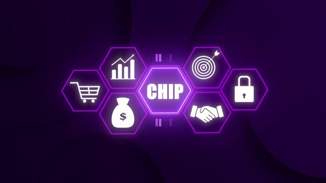 Abstract Digital Chip Operations Icons on World Map with Data Arrow Motion