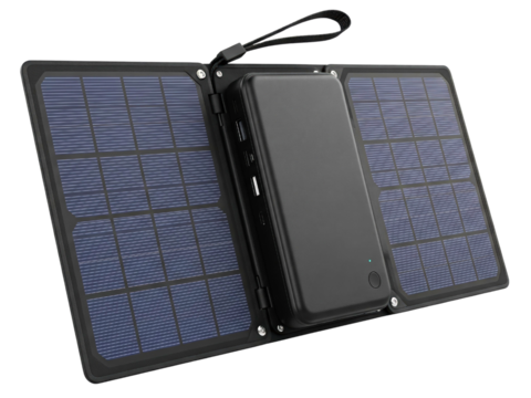 Portable solar panel power bank for charging mobile devices on a transparent background - Powered by Adobe