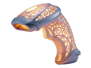 Futuristic glowing barcode scanner with ornate scrollwork on a transparent background