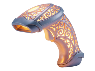 Futuristic glowing barcode scanner with ornate scrollwork on a transparent background
