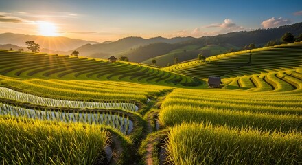 Fototapeta premium Golden sunbeams illuminate lush green terraced rice fields with a distant mountain range