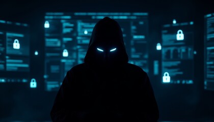 Mysterious figure in a dark hoodie with glowing eyes amidst a digital security interface
