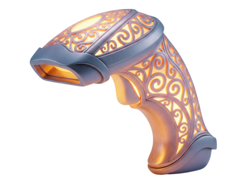 Futuristic glowing barcode scanner with ornate scrollwork on a transparent background