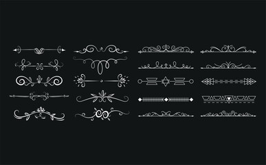 Gold text dividers doodle set. Wedding decorative elements. Divider ornament, borders, floral, vintage line separators. Hand drawn vector illustration isolated on white background. Set page dividers.