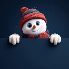 Cute snowman wearing a red & blue hat, scarf, and gloves peeking over a blue sign