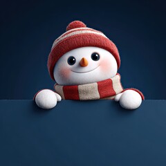 Cheerful snowman wearing a striped hat and scarf, holding a blank blue banner