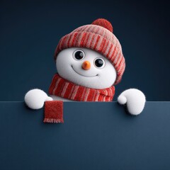 A cheerful snowman, wearing a knitted hat and scarf, peeks over a dark blue sign