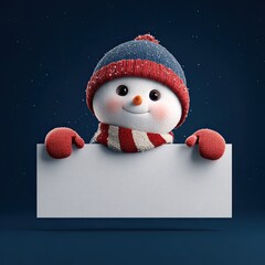 A cute snowman, wearing a hat, scarf, and mittens, holding a blank white sign, on blue