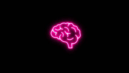 Glowing brain drawing with light particles around. Glowing neon effect brain icon.