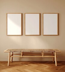 Three framed vertical canvases above woven bench on herringbone floor. Neutral color palette