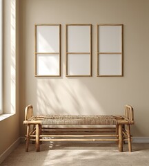 Room interior with blank framed art above a woven bench with sunlight from a window