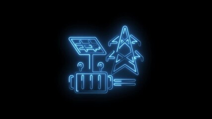 Renewable energy neon glowing icons animation with solar panel and electric tower on black - Powered by Adobe